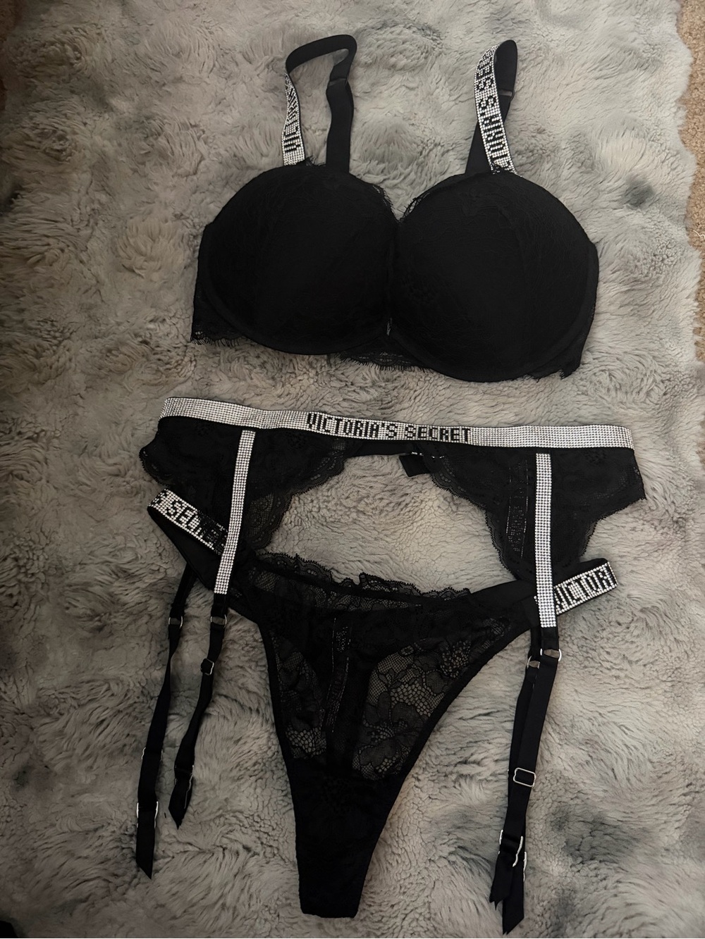 Victoria's Secret Black Lace Bra, Garter Belt & Thong Set